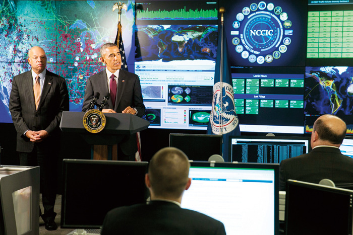 President Barack Obama delivers remarks at the National Cybersecurity and Communications Integration Center (NCCIC) in Arlington, Va. (Kristoffer Tripplaar/ Sipa USA)