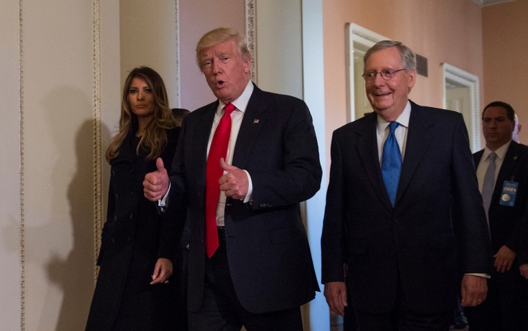 When walking past reporters to his meeting with Senate Majority Leader Mitch McConnell, Trump called the view 