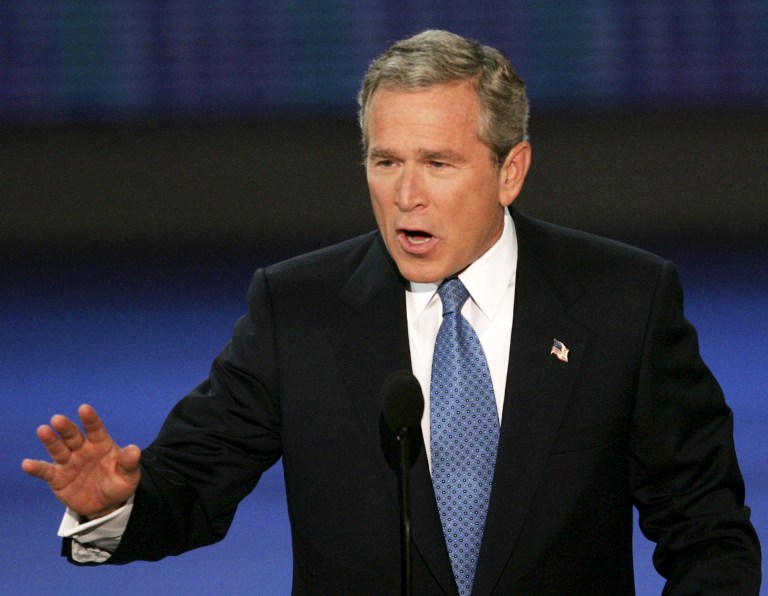 FILE - In this Sept. 2, 2004 file photo, President George W. Bush speaks to the delegates at the Republican National Convention in New York. Mitt Romney did not mention the war in Afghanistan, where 79,000 US troops are fighting, in his speech accepting the Republican presidential nomination on Thursday. The last time a Republican presidential nominee did not address war was 1952, when Dwight Eisenhower spoke generally about American power and spreading freedom around the world but did not explicitly mention armed conflict. Below are examples of how other Republican nominees have addressed the issue over the years, both in peacetime and in war.  (AP Photo/J. Scott Applewhite, File)