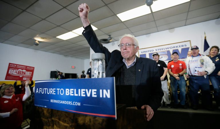 Democratic presidential candidate, Sen. Bernie Sanders, I-Vt. speaks during a stop at the United Steelworkers Local 310L union hall, Tuesday, Jan. 26, 2016, in Des Moines, Iowa. (AP Photo/Charlie Neibergall)