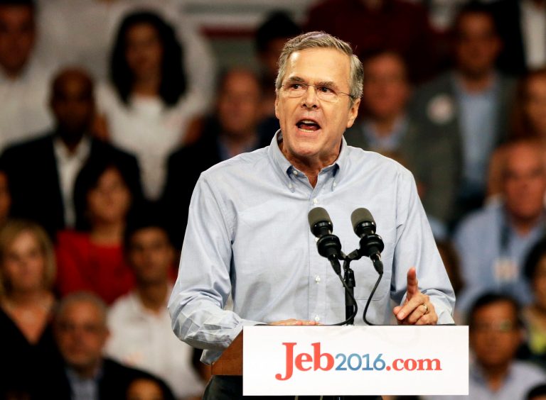 Former Florida Gov. Jeb Bush speaks as he formally joins the race for president with a speech at Miami Dade College, Monday, June 15, 2015, in Miami. (AP Photo/David Goldman)