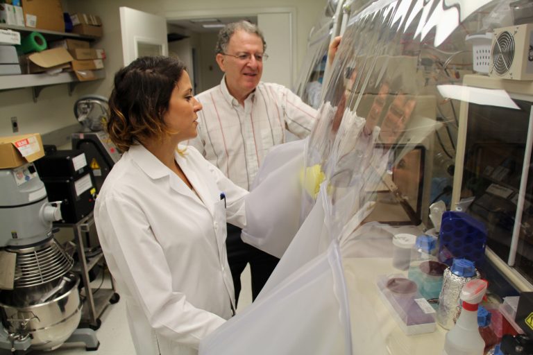   This handout photo provided by the Washington University School of Medicine shows Dr. Jeffrey Gordon and graduate student Vanessa Ridaura of Washington University in St. Louis example samples of gut bacteria taken from fat or lean people. Their research transplanted human intestinal microbes into germ-free mice and found certain bugs may help fight obesity, Thursday, Sept. 5, 2013, at the university in St. Louis. Call it a hidden ally: The right germs just might be able to help fight fat. Different kinds of bacteria that live inside the gut can help spur obesity or protect against it, say scientists at Washington University in St. Louis who transplanted intestinal germs from fat or lean people into mice and watched the rodents change. And what they ate determined whether the good germs could move in and do the job. (AP Photo/Elizabethe Holland, Washington University School of Medicine)  