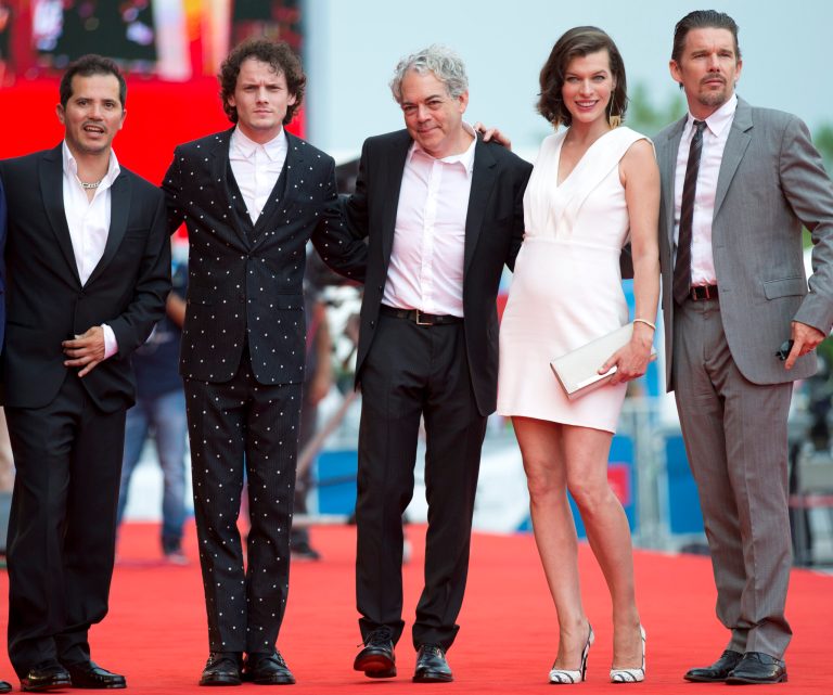 From right, actor Ethan Hawk, actress Milla Jovovich, director Michael Almereyda, actor Anton Yelchin and actor John Leguizamo pose for photographers as they arrive for the screening of Cymbeline at the 71st edition of the Venice Film Festival in Venice, Italy, Wednesday, Sept. 3, 2014.  (AP Photo/Andrew Medichini)