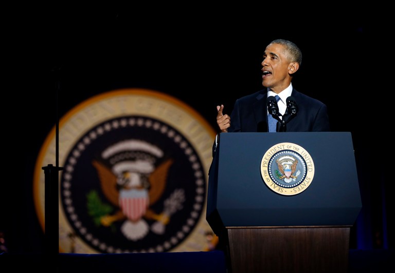 President Obama speaks during his farewell address in Chicago. Charles Krauthammer said Obama's speech in Chicago was essentially an empty reprisal of his first campaign in 2008. (AP Photo/Pablo Martinez Monsivais)