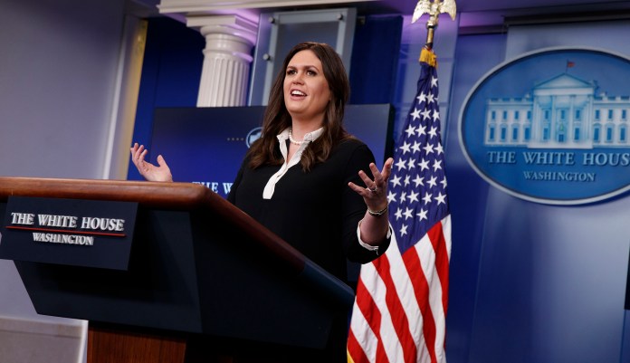 White House deputy press secretary Sarah Sanders on Thursday rejected the idea that President Trump's tweets about MSNBC's "Morning Joe" hosts crossed the line. (AP Photo/Evan Vucci)