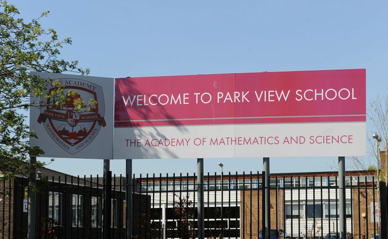 FILE - This is a  April 16, 2014  file photo  of Park View School in Birmingham central England ,  Government inspectors say there is a 