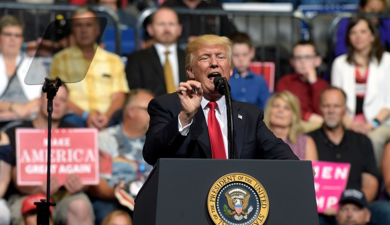President Trump emphasizing the need for fossil-fuel-powered electricity generation in his speech at Cedar Rapids, Iowa. (AP Photo/Susan Walsh)