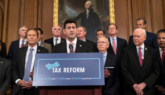 Speaker of the House Paul Ryan, R-Wis., and Senate Majority Leader Mitch McConnell, R-Ky., announce the Republicans' proposed rewrite of the tax code for individuals and corporations, at the Capitol in Washington, Wednesday, Sept. 27, 2017. President Donald Trump and congressional Republicans are writing a far-reaching, $5-trillion plan they say would simplify the tax system and nearly double the standard deduction used by most Americans. (AP Photo/J. Scott Applewhite)