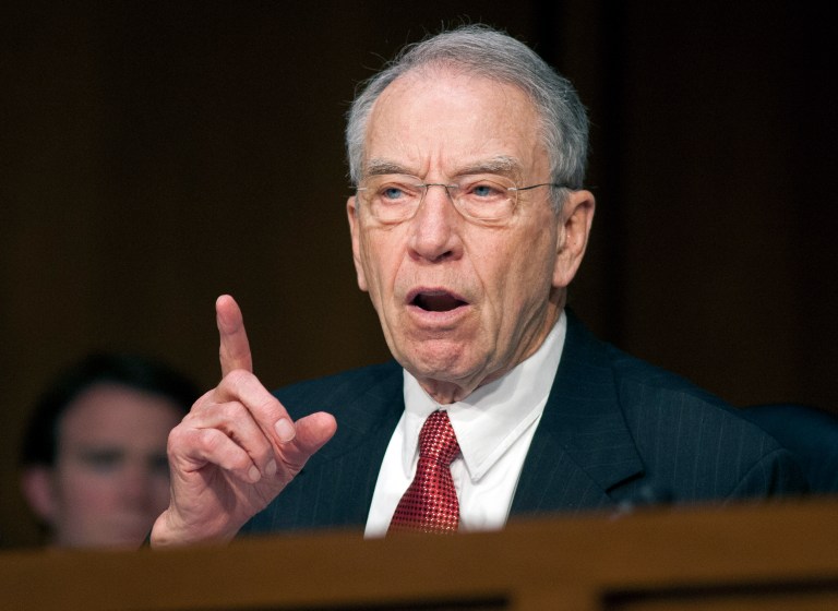 Sen. Charles Grassley, R-Iowa, questions a witness during a hearing on drones on Capitol Hill in Washington on April 23. (AP Photo/Cliff Owen)