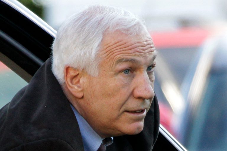   Former Penn State University assistant football coach Jerry Sandusky arrives for the third day of his trial at the Centre County Courthouse in Bellefonte, Pa., Wednesday, June 13, 2012. Sandusky faces 52 counts of child sex-abuse involving 10 boys over a 15-year span. (AP Photo/Gene J. Puskar)  