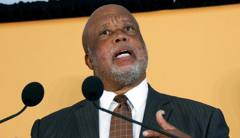 U.S. Rep. Bennie Thompson, D-Miss., expresses his concern about steering as much of the construction work as possible to local and minority-owned businesses at the ceremonial start of construction of the Continental AG's $1.45 billion tire plant in Clinton, Miss., Thursday, Nov. 3, 2016. 