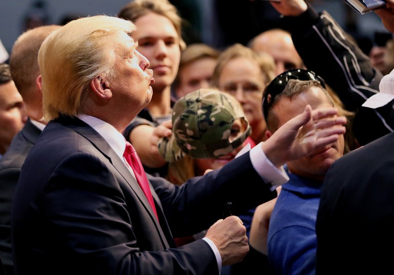 Donald Trump took his campaign Saturday to central and western Wisconsin, the parts of the state where he is most popular. (Marisa Wojcik/The Eau Claire Leader-Telegram via AP)