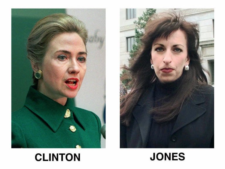 First lady Hillary Rodham Clinton and Paula Jones. Mrs. Clinton says good upbringing, along with love and support for each other, helps her and her husband get through things like the sexual harassment accusations against the president by Jones. (AP Photo/Doug Mills, left, Danny Johnston, right, File)