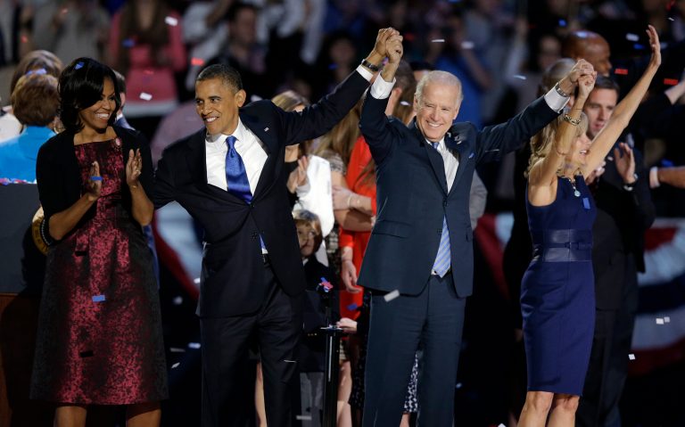 President Barack Obama, first lady Michelle Obama, Vice President Joe Biden and Jill Biden acknowledge the crowd at his election night party Wednesday, Nov. 7, 2012, in Chicago. President Obama defeated Republican challenger former Massachusetts Gov. Mitt Romney. (AP Photo/Chris Carlson)