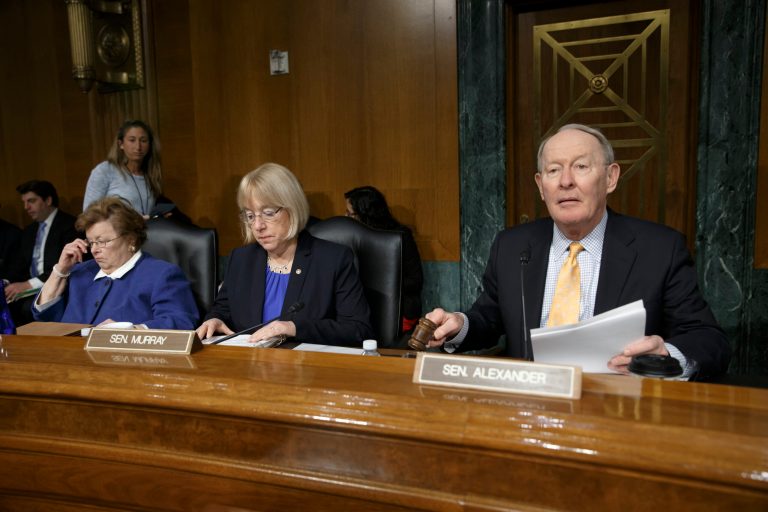 From right, Senate Health, Education, Labor, and Pensions Committee Chairman Sen. Lamar Alexander, R-Tenn., Sen. Patty Murray, D-Wash., and Sen. Barbara Mikulski, D-Md., participate in a hearing on Capitol Hill in Washington, Tuesday, Feb. 10, 2015, on the re-emergence of vaccine-preventable diseases. (AP Photo/J. Scott Applewhite)