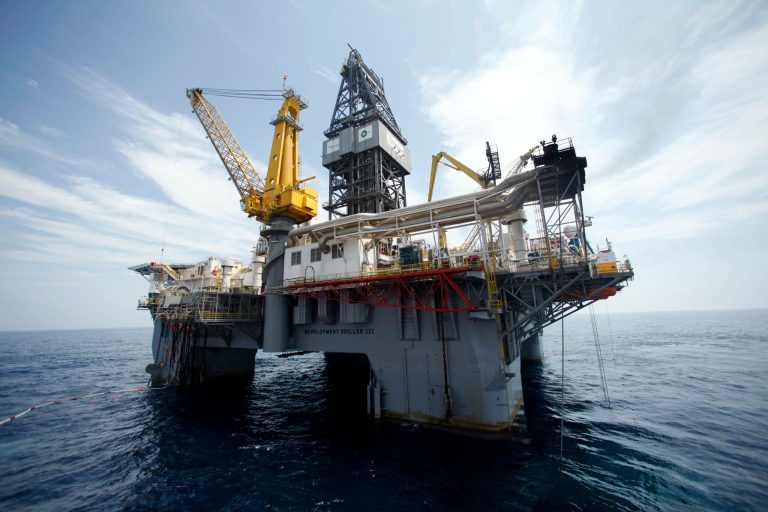 The Development Driller III, which is drilling the relief well, is seen at the site of the Deepwater Horizon oil spill May 11, 2010 off the coast of Louisiana in the Gulf of Mexico. (Photo by Gerald Herbert-pool/Getty images)