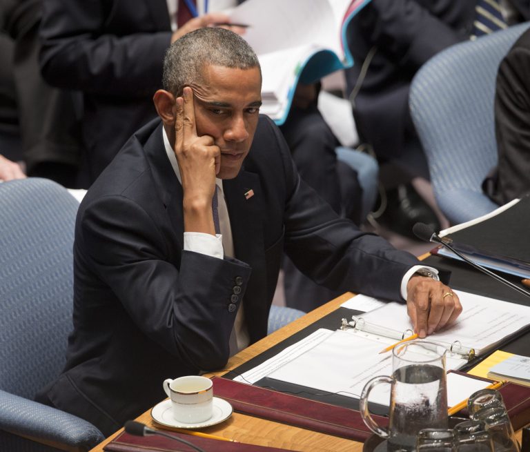 President Barack Obama listens during the U.N. Security Council summit on foreign terrorism, Wednesday, Sept. 24, 2014, at the United Nations headquarters. (AP Photo/Pablo Martinez Monsivais)