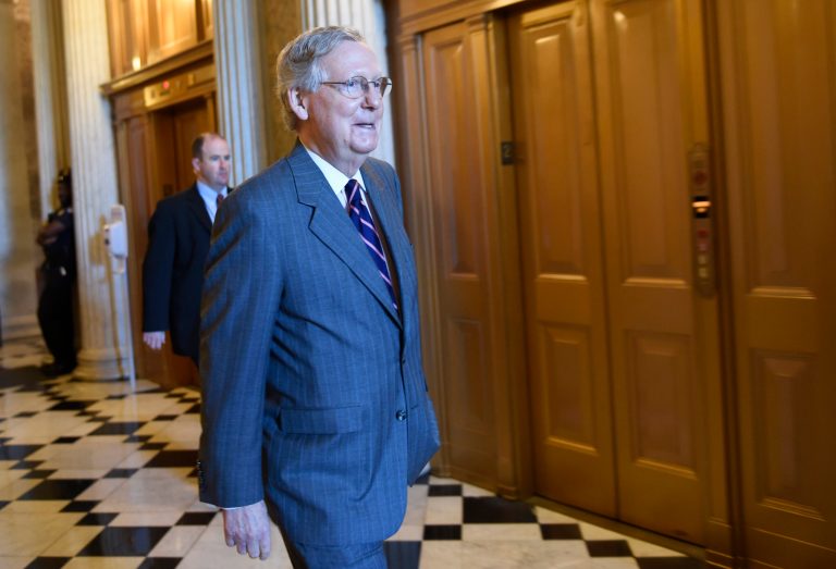 Senate Majority Leader Mitch McConnell of Ky. walks to a Republican luncheon on Capitol Hill in Washington, Friday, May 22, 2015. (AP Photo/Susan Walsh)