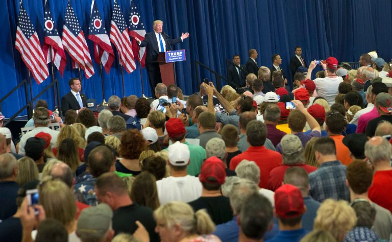 Republican presidential candidate Donald Trump speaks during a campaign rally at the Sharonville Convention Center on July 6 in Cincinnati. (AP Photo/John Minchillo)