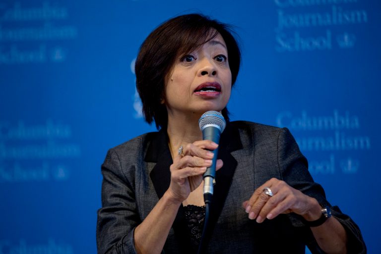 Columbia Journalism School Academic Dean Sheila Coronel answers a question at a news conference to discuss findings of a report conducted at the Columbia School of Journalism surrounding Rolling Stone magazine's expose of what it called a culture of sex assaults at the University of Virginia, Monday, April 6, 2015, in New York. Rolling Stone has officially retracted the story. (AP Photo/Craig Ruttle)