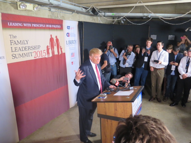Donald Trump took the stage at the Family Leadership Summit in Iowa to loud applause. (Ryan Lovelace/Washington Examiner)