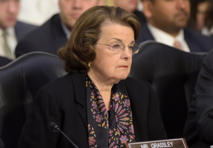 Sen. Dianne Feinstein, D-Calif., listens to testimony from Supreme Court Justice nominee Neil Gorsuch as he testifies on Capitol Hill in Washington during his confirmation hearing. (AP Photo/Susan Walsh)