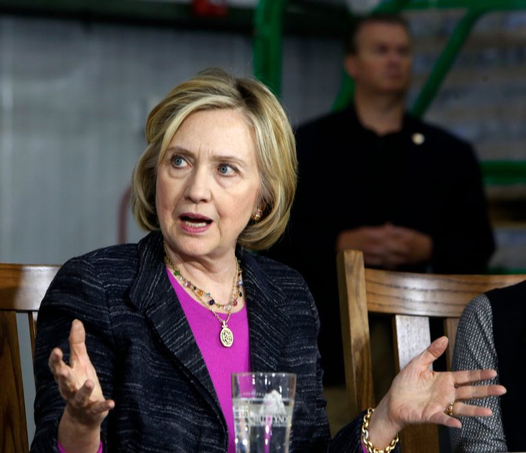 Democratic presidential candidate Hillary Clinton speaks during a round table discussion in Hampton, N.H. (AP Photo/Jim Cole)