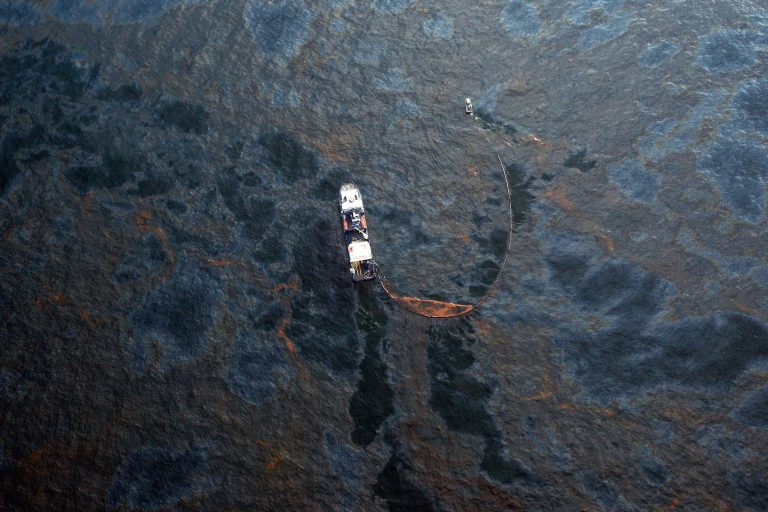A boat works to collect oil that has leaked from the Deepwater Horizon wellhead in the Gulf of Mexico on April 28, 2010 near New Orleans, Louisiana. A federal judge has refused to declare a mistrial in the case of former BP drilling engineer charged with obstruction of justice following the 2010 oil spill in the Gulf of Mexico. (Photo by Chris Graythen/Getty Images)
