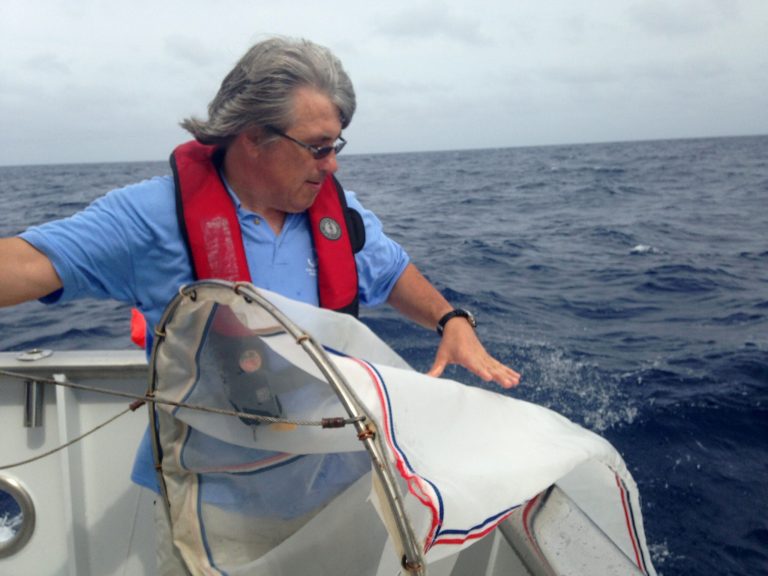 FILE - This March 29, 2014 file photo shows University of Florida neurobiologist Leonid Moroz pulling a net from the Gulf Stream off the coast of Florida, to examine invertebrate species headed for his unique floating laboratory. New research with mysterious sea creatures called comb jellies suggests nature created more than one way to a nervous system.  (AP Photo/Lauran Neergaard, File)