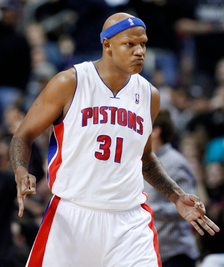   Detroit Pistons forward Charlie Villanueva reacts after sinking one of his three 3-point baskets against the Miami Heat in the first half of an NBA basketball game Friday, Dec. 28, 2012, in Auburn Hills, Mich. (AP Photo/Duane Burleson)  