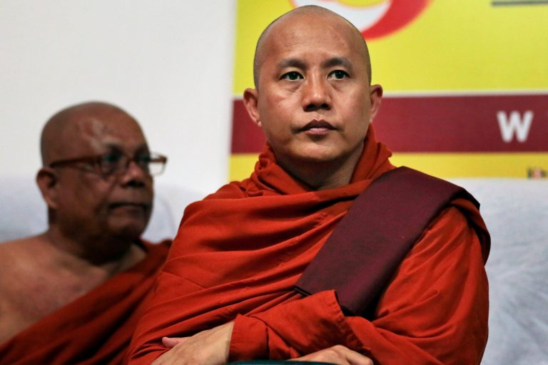Myanmarâs radical Buddhist monk Ashin Wirathu attends a media briefing in Colombo, Sri Lanka, Tuesday, Sept. 30, 2014. Wirathu, known for his anti-Muslim campaign has formalized an agreement with a like-minded Sri Lankan Bodu Bala Sena or Buddhist Power Force to work together to protect Buddhism which he says is challenged worldwide. (AP Photo/Eranga Jayawardena)