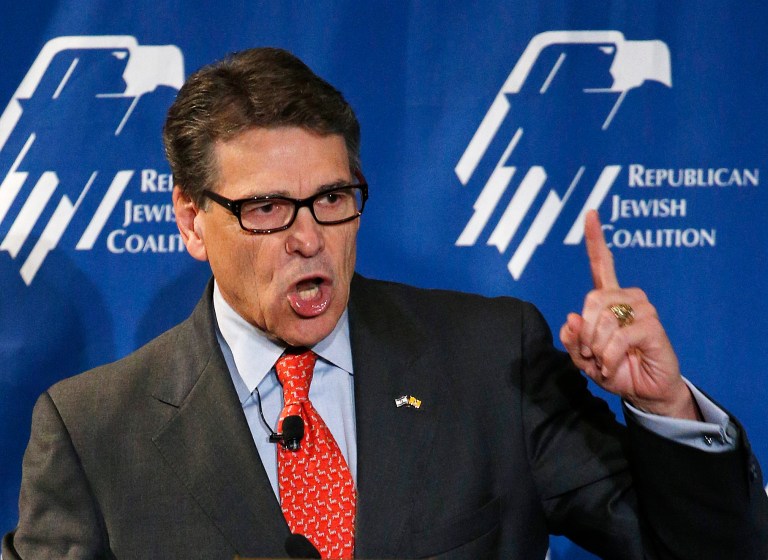 Former Texas Gov. Rick Perry speaks at the Republican Jewish Coalition spring leadership meeting Saturday, April 25, 2015, in Las Vegas. (AP Photo/John Locher)