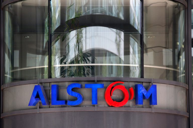FILE - This Wednesday, April 30, 2014 file photo shows the company logo of Alstom at the headquarters of the leading global maker of high-speed trains, power plants and grids, in Levallois-Perret, outside Paris, France. Engineering giants Siemens of Germany and Mitsubishi Heavy Industries of Japan on Monday June 16, 2014 jointly offered to buy parts of France's Alstom and start a long-term partnership, a move that could derail a competing bid by General Electric. (AP Photo/Christophe Ena, File)