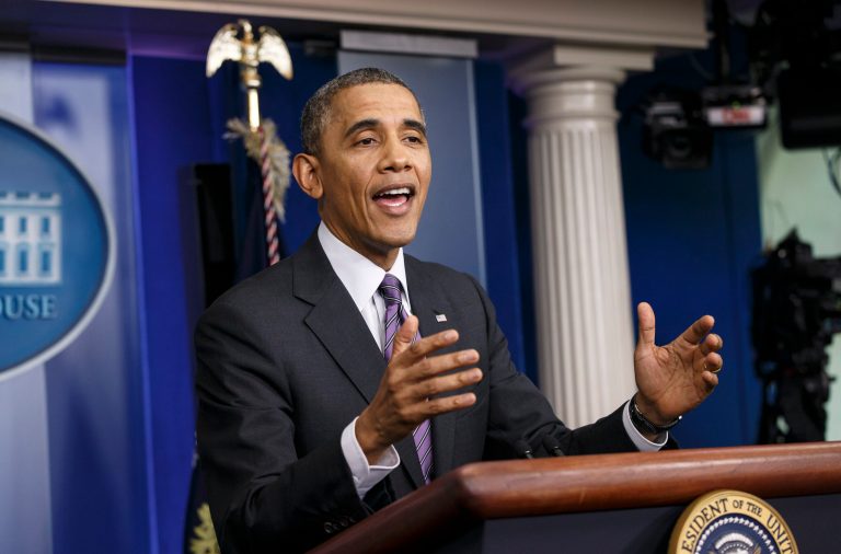 President Obama talks to reporters about the situation in Ukraine and gives a positive assessment on his health care law, the Affordable Care Act, at the White House in Washington, Thursday, April 17, 2014. (AP Photo/J. Scott Applewhite)