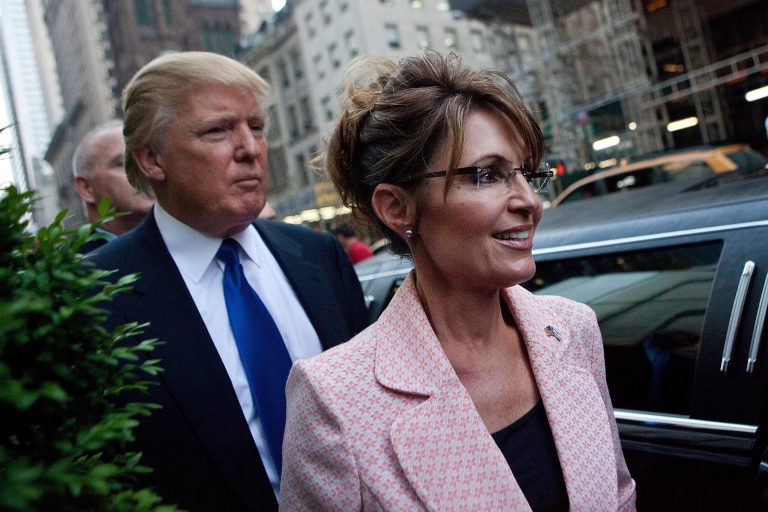 Former Alaska Gov. Sarah Palin and Donald Trump walk towards a limo after leaving Trump Tower, at 56th Street and 5th Avenue, on May 31, 2011 in New York City. (Photo by Andrew Burton/Getty Images)