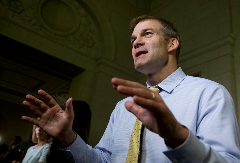 Freedom Caucus Chairman and member of the House Select Committee on Benghazi Rep. Jim Jordan, R-Ohio, is interviewed at the conclusion of the hearing on Capitol Hill in Washington, Thursday, Oct. 22, 2015. (AP Photo/Manuel Balce Ceneta)