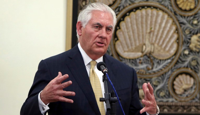 U.S. Secretary of State Rex Tillerson speaks during a joint press conference with Myanmar Foreign Minister Aung San Suu Kyi at the Foreign Ministry office in Naypyitaw, Myanmar, Wednesday, Nov. 15, 2017. Tillerson said Wednesday that his country was deeply concerned by 