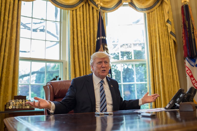 President Donald Trump speaks with Washington Examiner reporter Salena Zito, in the Oval Office, at the White House in Washington D.C. (Graeme Jennings/Washington Examiner)