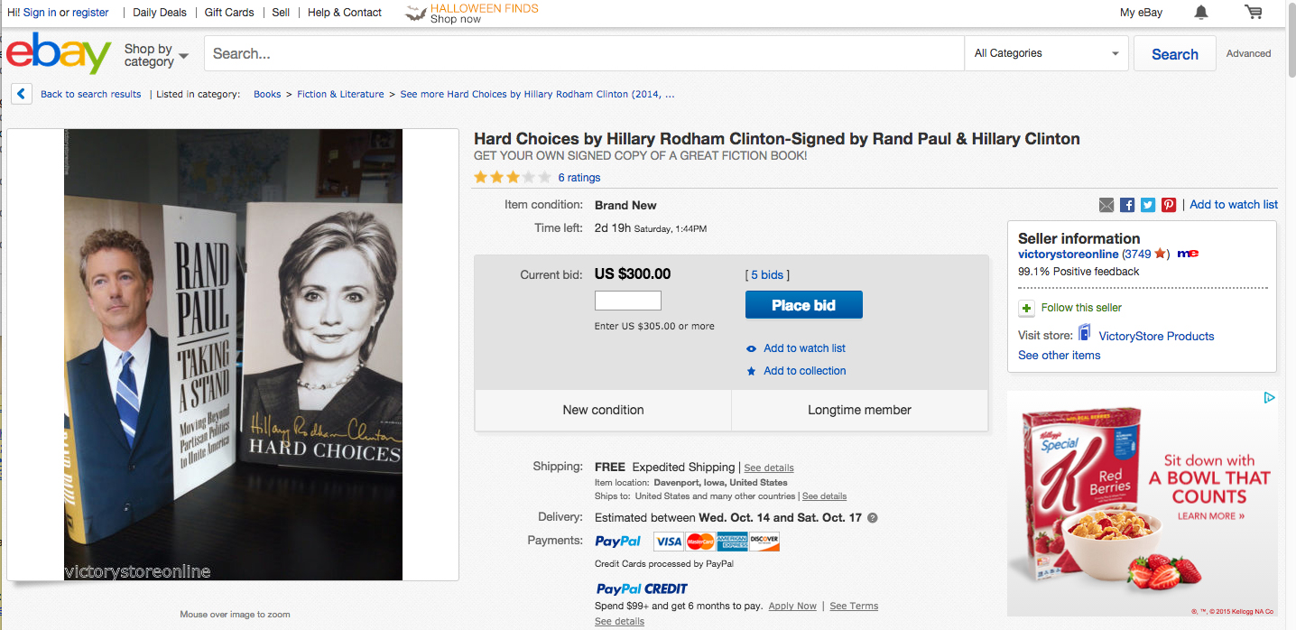 Rand Paul auctioning signed copy of Hillary Clinton’s memoir