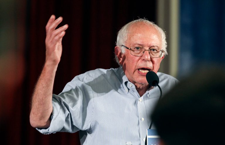Democratic presidential candidate Sen. Bernie Sanders gestures as he speaks at a town hall meeting at Woodbury School in Salem, N.H., Sunday, Aug. 23, 2015. (AP Photo/Cheryl Senter)