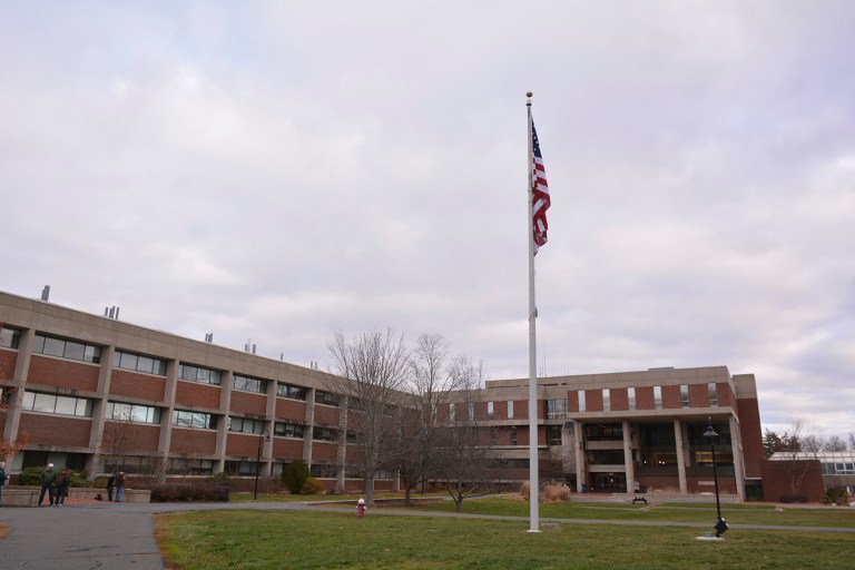 The American Flag is displayed at Hampshire College on campus on Friday, Dec. 2, 2016 in Amherst, Mass. The bill was introduced the same week that Hampshire College decided to remove the American flag from the campus. (Dave Roback /The Republican via AP)