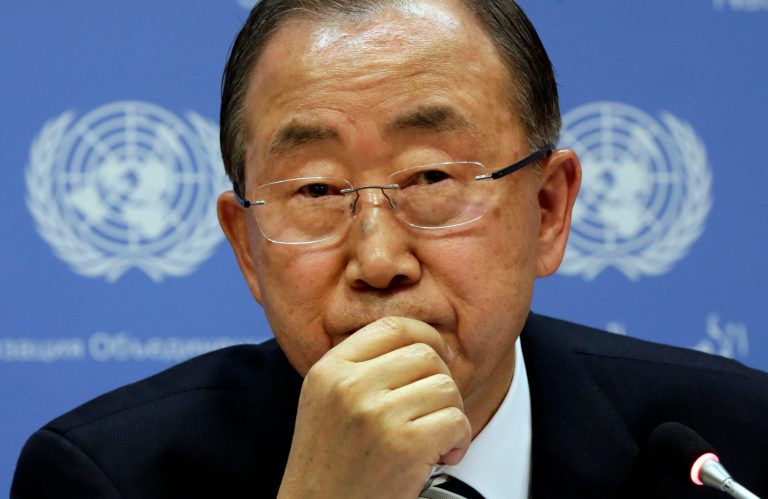FILE - In this Sept. 16, 2014 file photo, United Nations Secretary General Ban Ki-moon participates in a news conference, at United Nations headquarters.  More than 120 world leaders convene Tuesday, Sept. 23, for U.N. summit aimed at galvanizing political will for a new global climate treaty by the end of 2015. Environmentalists will take to the streets Sunday, Sept. 20, in what is being billed as the largest march ever on global warming. Celebrities, CEOs and climatologists will appear at a string of events as part of New York Climate Week. DiCaprio has been tapped to talk about the cause of rising seas.(AP Photo/Richard Drew)