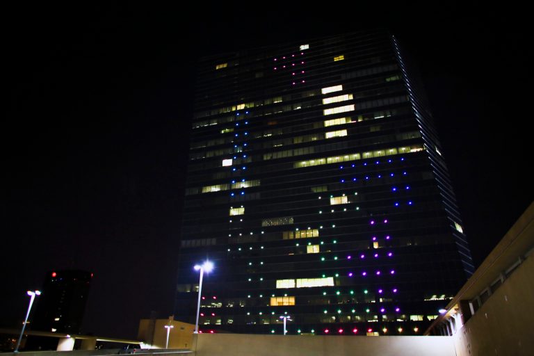 The classic video game Tetris is played on the 29-story Cira Centre in Philadelphia, Saturday April 5, 2014, using hundreds of LED lights embedded in its glass facade. The spectacle kicks off a citywide series of events called Philly Tech Week and also celebrates the upcoming 30th anniversary of Tetris. (AP Photo/ Joseph Kaczmarek)