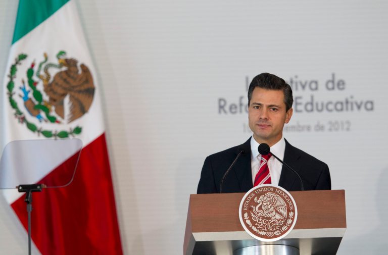   Mexico's President Enrique Pena Nieto delivers a speech during an event to announce an education reform proposal in Mexico City, Monday, Dec. 10, 2012. Pena Nieto is proposing sweeping reforms to the public education system widely seen as moribund, taking on Elba Esther Gordillo, an iron-fisted union leader who is considered the country's most powerful woman and the main obstacle to change. (AP Photo/Alexandre Meneghini)  