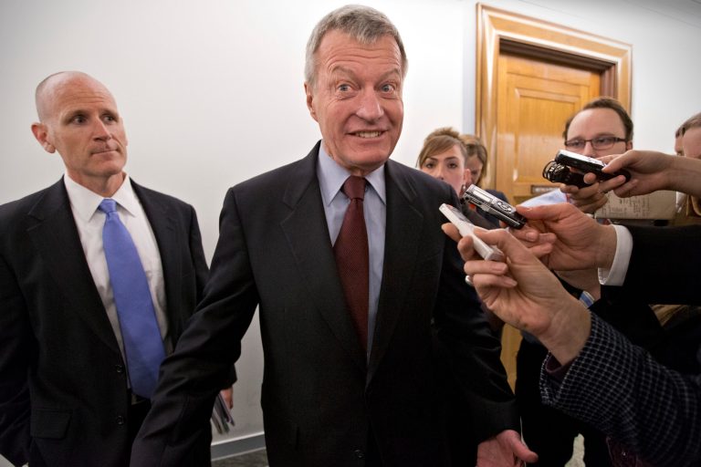 Senate Finance Committee Chairman Sen. Max Baucus, D-Mont. leaves his committee office on Capitol Hill in Washington, Tuesday, April 23, 2013, saying that he was going to speak to the news media in his home state of Montana before discussing his retirement from the Senate. (AP Photo/J. Scott Applewhite)