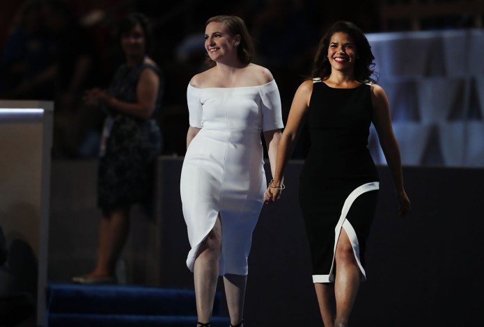 "Girls" creator Lena Dunham talked about women's issues while actress America Ferrera railed against Trump's anti-immigration rhetoric. (Victor J. Blue/Bloomberg)