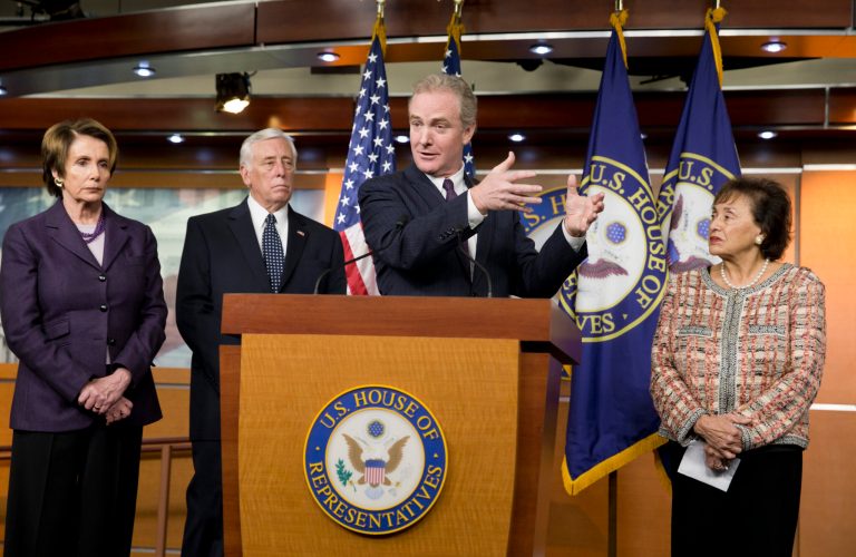 Rep. Chris Van Hollen, D-Md., the ranking Democrat on the House Budget Committee, center, discusses the unfinished work of Congress and the struggle for Republican and Democratic budget negotiators to reach a compromise with, from left,, House Minority Leader Nancy Pelosi of California, Minority Whip Steny Hoyer of Maryland, Van Hollen, and Rep. Nita Lowey, D-N.Y., the ranking member of the House Appropriations Committee. (AP Photo/J. Scott Applewhite)