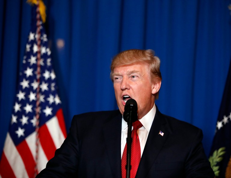 President Donald Trump speaks at Mar-a-Lago in Palm Beach, Fla., Thursday, April 6, 2017, after the U.S. fired a barrage of cruise missiles into Syria Thursday night in retaliation for this week's gruesome chemical weapons attack against civilians. (AP Photo/Alex Brandon)