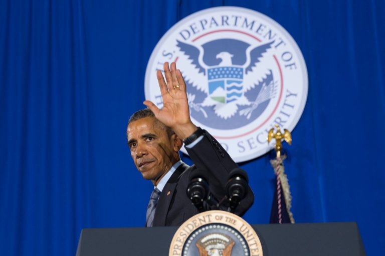 President Obama waves after delivering remarks at the Department of Homeland Security on his FY2016 budget proposal on Monday. (AP)