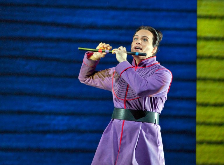   In this June 10, 2012 handout photo provided by the San Francisco Opera, Alek Shrader as Tamino is shown during a scene from the final dress rehearsal of 